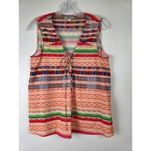 Gianni Bini Tunic Top Womens S Multicolor Sleeveless Lace Up Babydoll‎ Bohemian